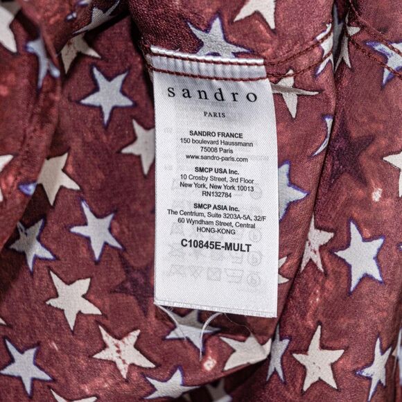 Sandro Paris 100% Silk Button up Blouse Burgundy with stars print Women's S - Picture 6 of 9